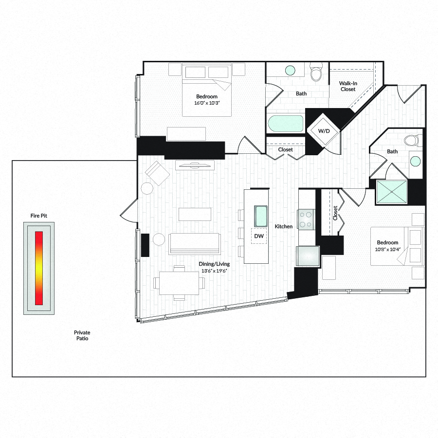 Floor plan for 2 beds, 2 baths, 1192 sqft